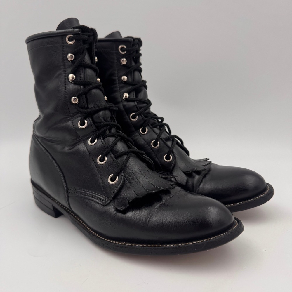 VTG 80s/90s Justin L506 Women 7B Black Leather Kiltie Lacer Boots Western Roper